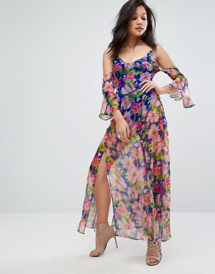 Prettylittlething Cold Shoulder Floral Printed Maxi Dress - Blue