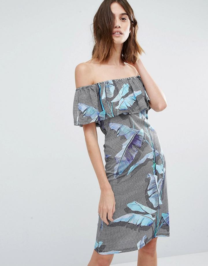 Warehouse Palm Print Bardot Dress - Multi