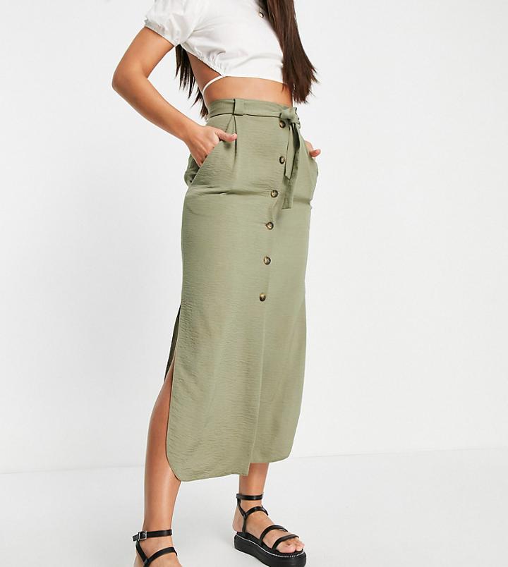 Asos Design Tall Belted Button Through Midi Skirt In Khaki-green