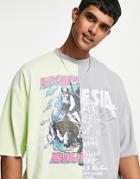 Asos Design Oversized T-shirt In Gray & Green Color Block With Skull & Text Print-multi