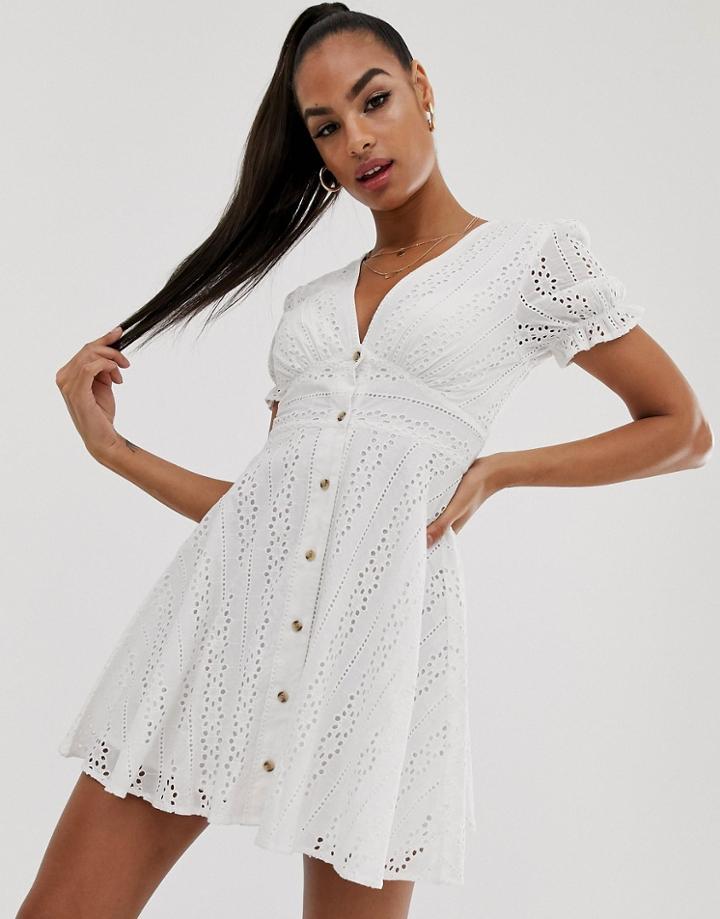Na-kd V-neck Broderie Anglaise Mini Dress In White