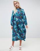 Moss Copenhagen Midi Smock Dress With Button Front In Bloom Floral Print - Multi