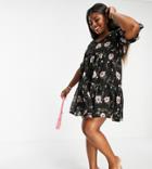 Yours Smock Mini Dress In Black & Pink Blooms