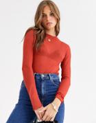 Vila Ribbed High Neck Top With Lettuce Hem - Red