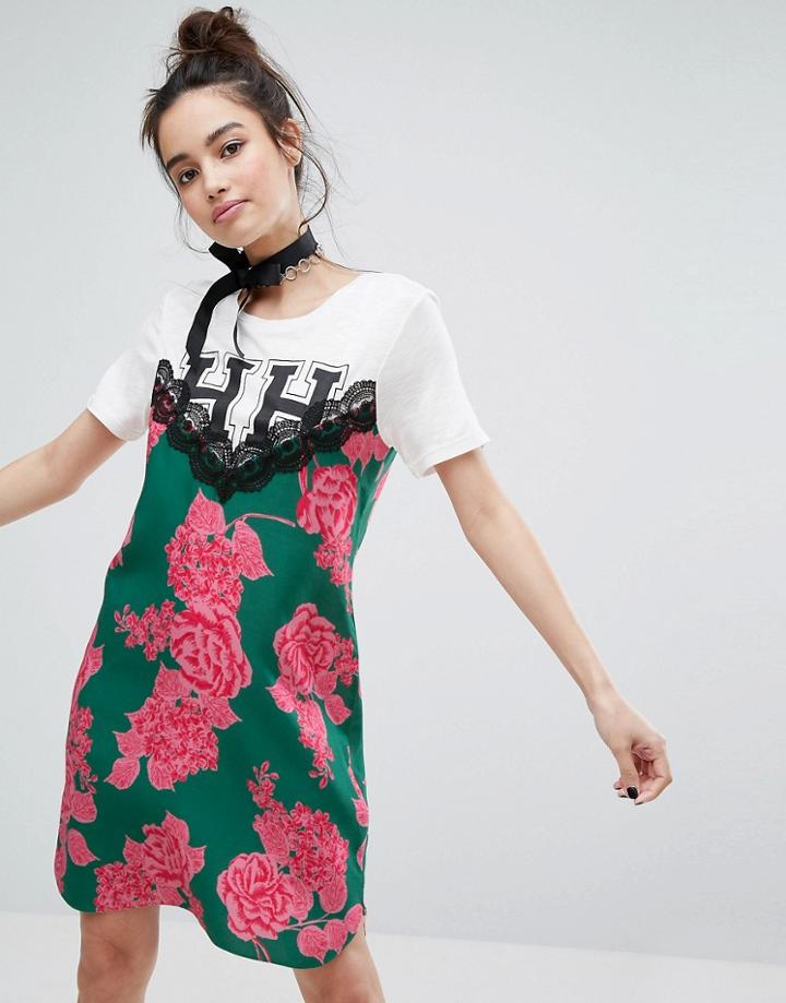 H! By Henry Holland T-shirt Dress With Floral Cami Panel Detail - Multi