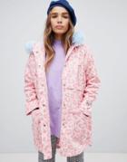 Lazy Oaf Leopard Parka With Contrast Faux Fur Hood - Pink