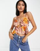 Asos Design Satin Tie Front Cami Top In Floral Animal Print-multi