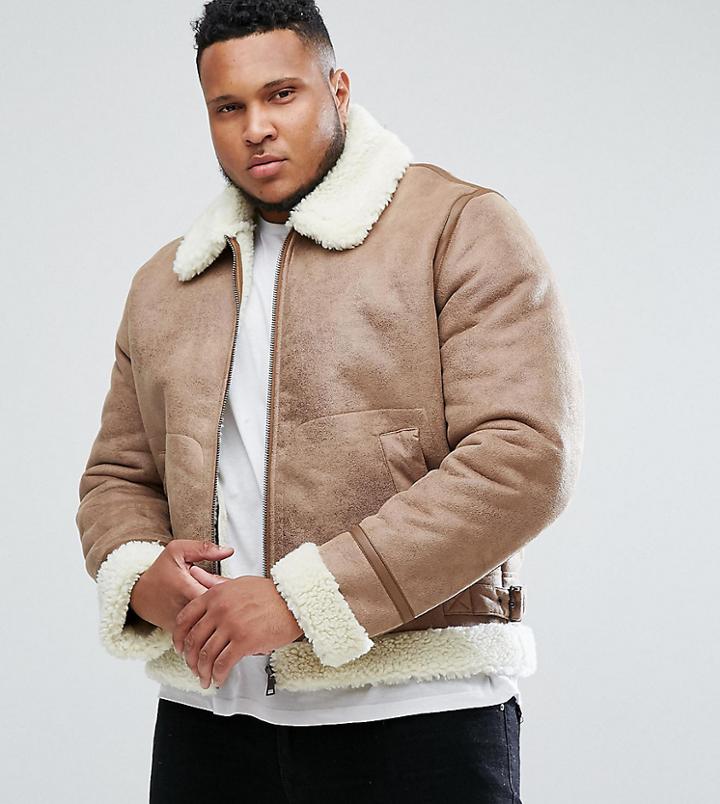 Asos Plus Faux Shearling Jacket In Camel-stone