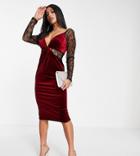 Asos Design Petite Lace Sleeve Velvet Body-conscious Midi Dress In Berry-red