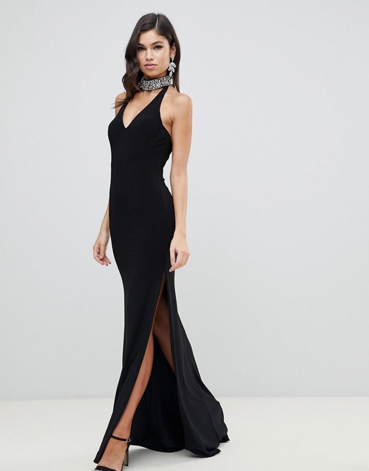 Forever Unique Plunge Halter Neck Maxi Dress-black