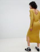 Asos Design Knitted Midi Dress In Wide Rib With V Back - Yellow