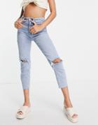 Stradivarius Cropped Organic Cotton Slim Mom Jeans With Stretch And Rip In Light Blue