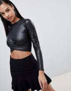 Rare London Long Sleeve Pu Wrap Front Top - Black