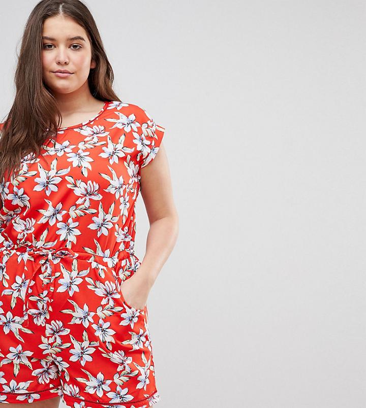 Brave Soul Plus Lenore Floral Print Romper With Ladder Detail - Red