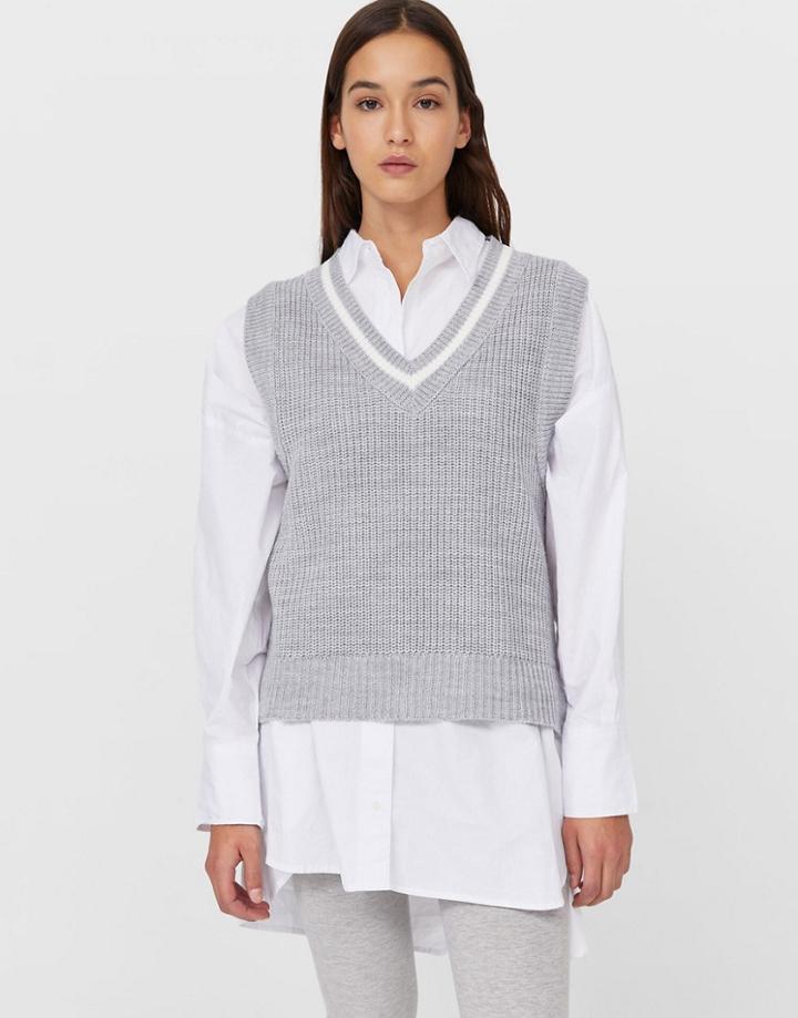 Stradivarius Knit Sweater Vest With Contrast Stripe Detail In Gray-grey