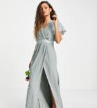 Asos Design Petite Bridesmaid Short Sleeved Cowl Front Maxi Dress With Button Back Detail In Olive-green