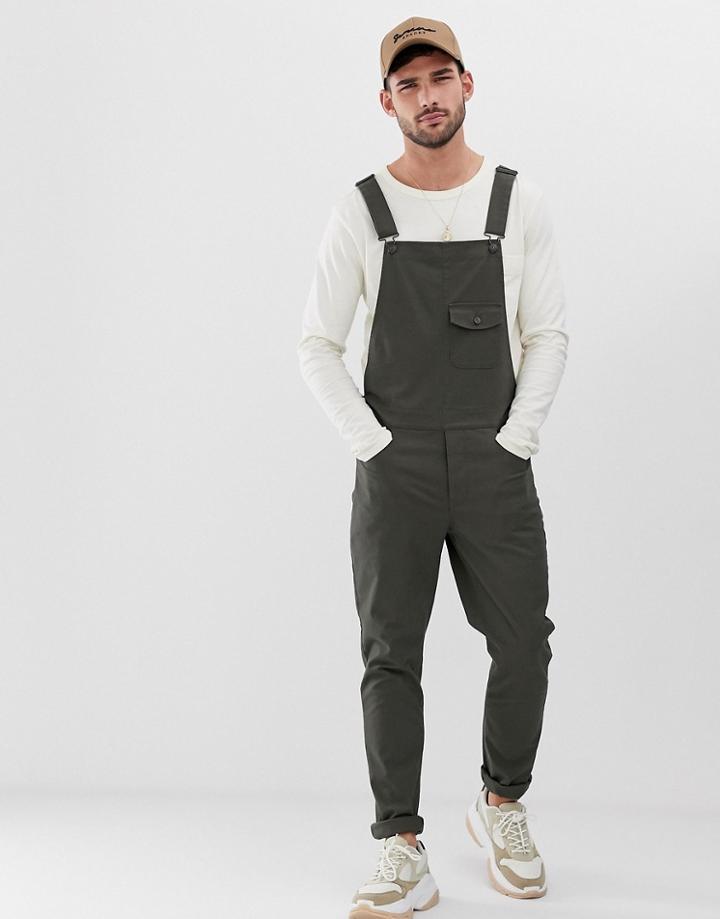 Asos Design Skinny Overalls In Khaki-green