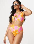 Asos Design High Waist Bikini Bottom In Block Floral Print-multi