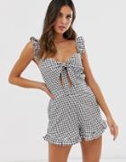 Fashion Union Beach Romper With Tie Detail In Black And White Gingham-multi