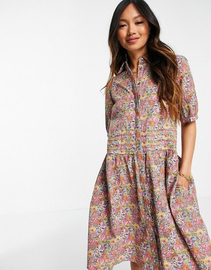 Y.a.s Cotton Mini Shirt Dress With Volume Skirt In Floral Print - Multi