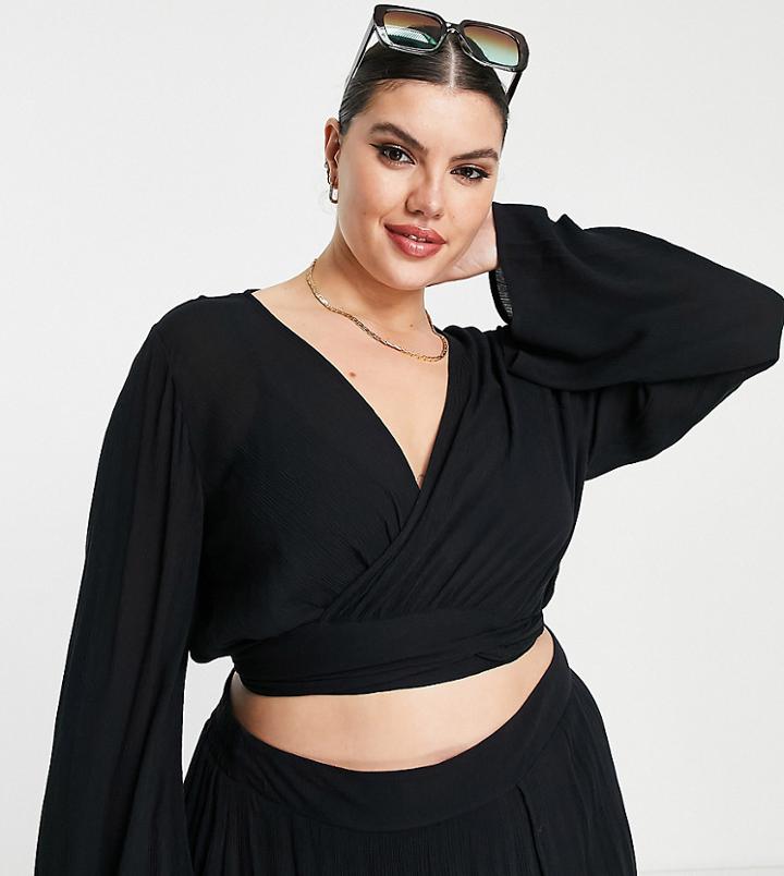 Asos Design Curve Wrap Tie Long Sleeve Beach Crop Top-black