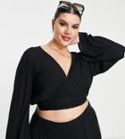 Asos Design Curve Wrap Tie Long Sleeve Beach Crop Top-black