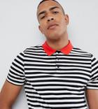 Asos Design Tall Striped Polo With Contrast Collar - White