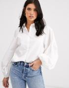 Asos Design Long Volume Sleeve Shirt In Cotton-white