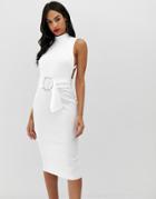 Asos Design Minimal Belted Midi Dress With Ring Detail-white