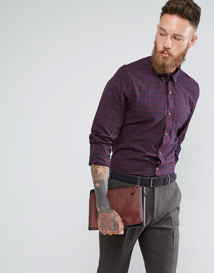Moss London Skinny Smart Shirt In Check - Navy