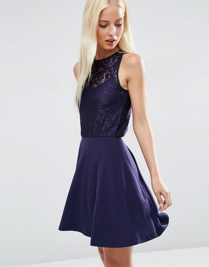 Asos Lace Blouson Top Mini Skater Dress-navy