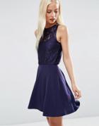 Asos Lace Blouson Top Mini Skater Dress-navy