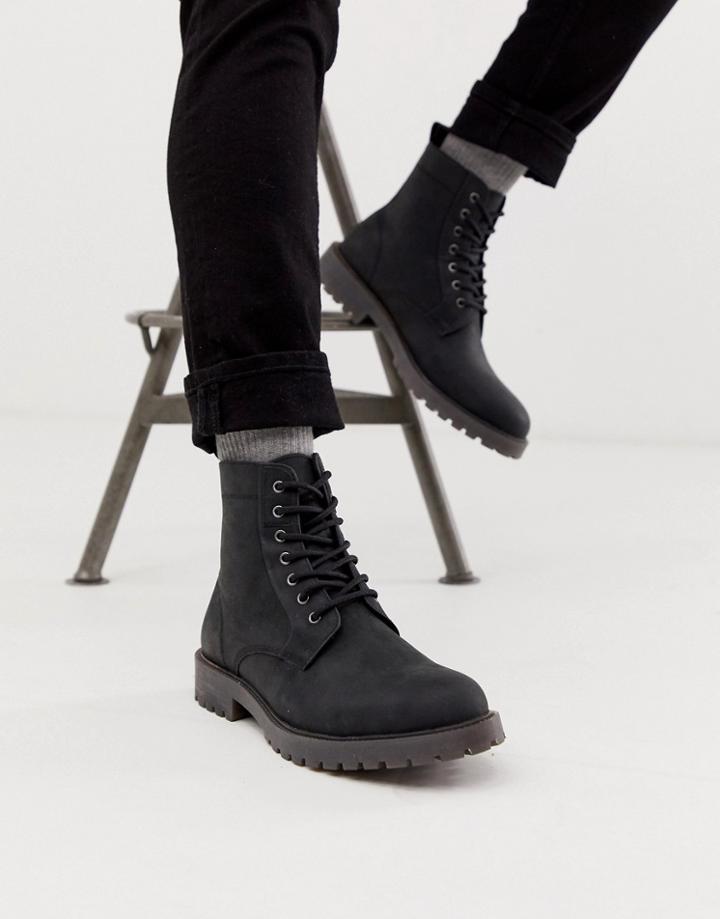 Asos Design Lace Up Boots In Black Leather With Chunky Sole
