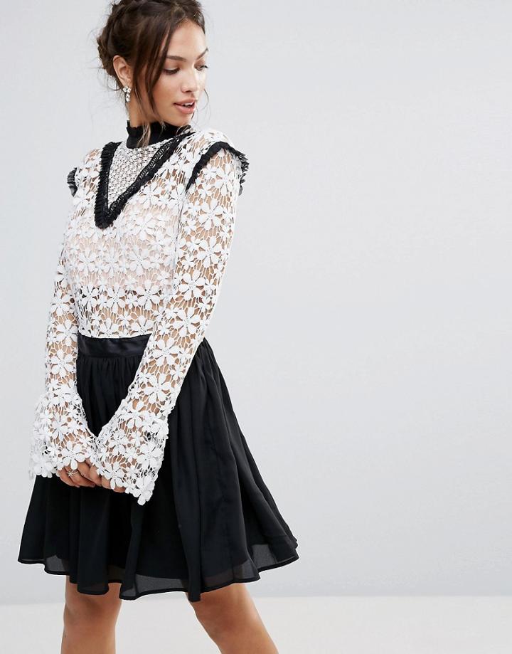Amy Lynn High Neck Skater Dress With Lace Body - Black