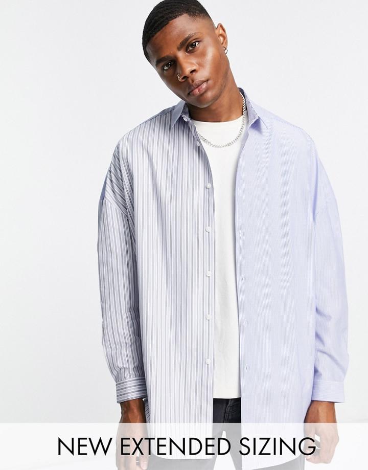 Asos Design 90s Oversized Shirt With Patchwork Spliced Stripe-blues