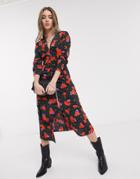 Topshop Midi Dress With V-neck In Spot And Floral Print-multi
