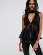 Asos Mesh Choker Plunge Top With Zip Detail - Black