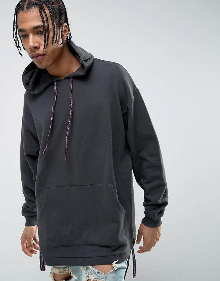 Asos Oversized Longline Hoodie With Geo-tribal Pattern Drawcords - Black
