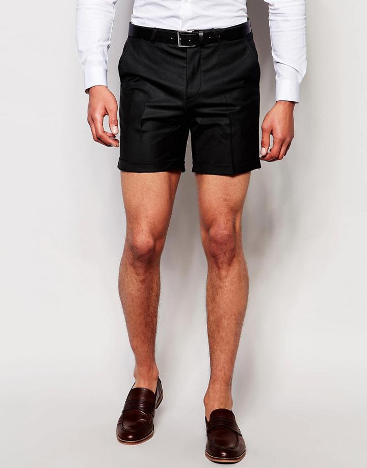 Noose & Monkey Tailored Shorts With Stretch And Turn Up In Super Skinny Fit - Black
