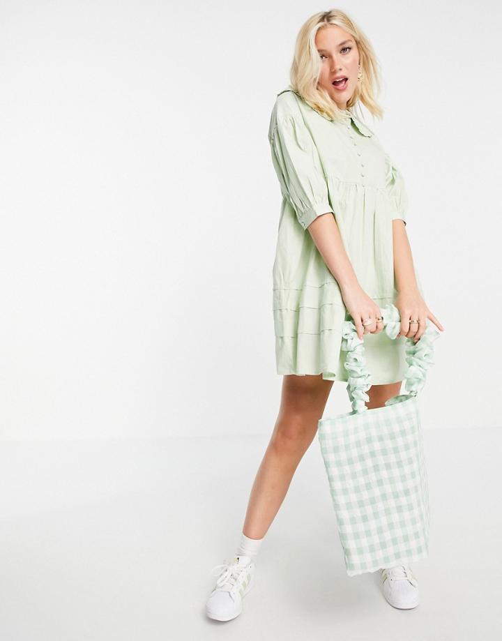 Influence Collared Mini Dress With Button Down Front In Sage Green