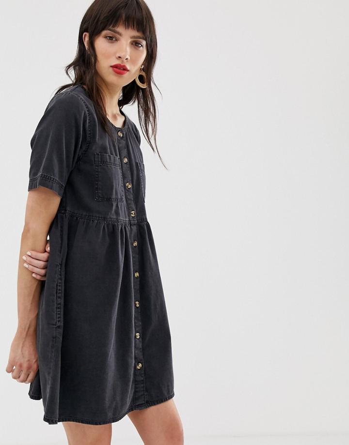 Asos Design Denim Button Smock Dress With Pockets In Washed Black - Black