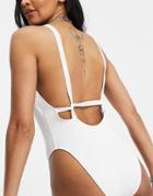 Asos Design Fuller Bust Recycled Supportive Twist Strappy Low Back Swimsuit In White