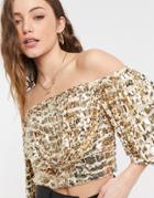 Virgos Lounge Puff Sleeve Bardot Top In Gold Sequins