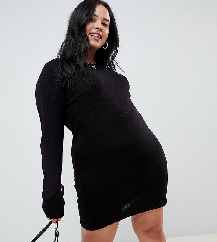 Brave Soul Plus Grungy Round Neck Sweater Dress - Black