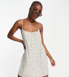 Asos Design Tall Gathered Neck Strappy Mini Sundress In Stone With Black Spot-white