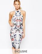 Hope And Ivy High Neck Midi Pencil Dress With Placement Floral Print - Pale Blue Multi