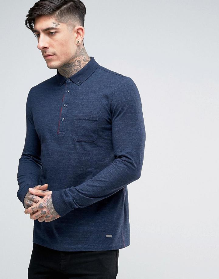 Boss Orange By Hugo Boss Long Sleeve Marl Polo Shirt - Navy