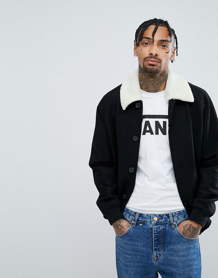 Asos Wool Mix Harrington Jacket With Fleece Collar In Black - Black