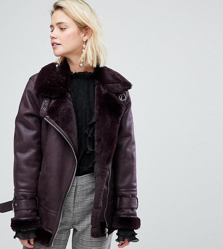 Warehouse Faux Leather Look Aviator Jacket - Red