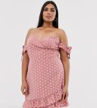 In The Style Plus X Dani Dyer Off Shoulder Asymmetric Mini Dress In Pink Polka Print - Multi